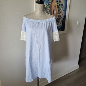 NWT Barneys New York Blue White Stripe Lace Sleeve Off Shoulder Dress Size S